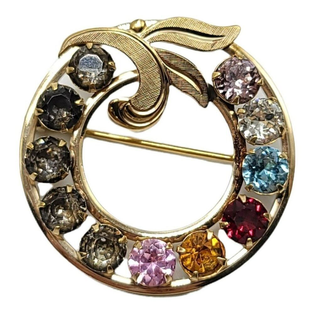 Van Dell 12k Gold Filled Multi-Color Rhinestone Wreath Pin Brooch Vintage
